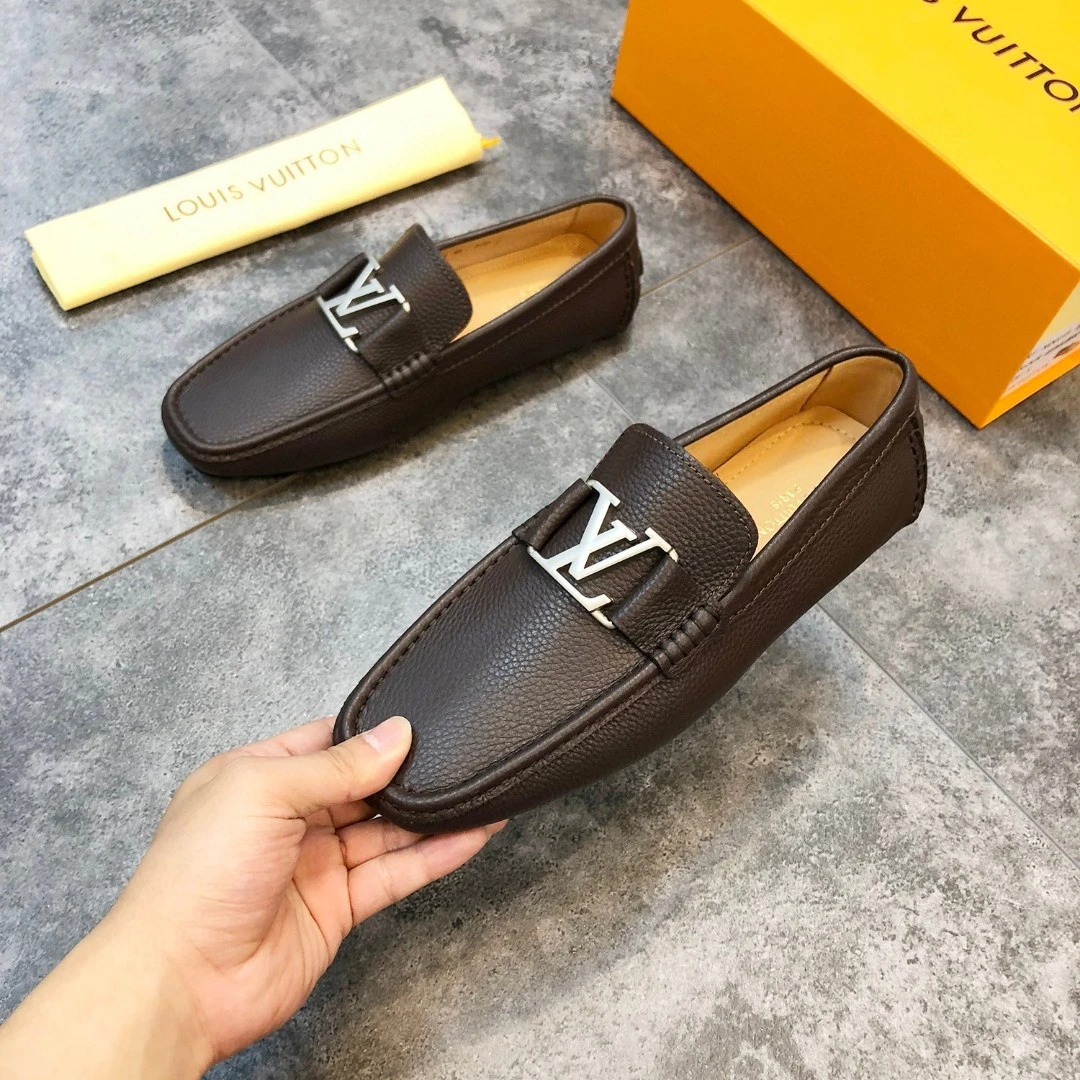 Textured Dark Brown Louis Vuitton Men's Grained Leather LV Initial Buckle Loafers