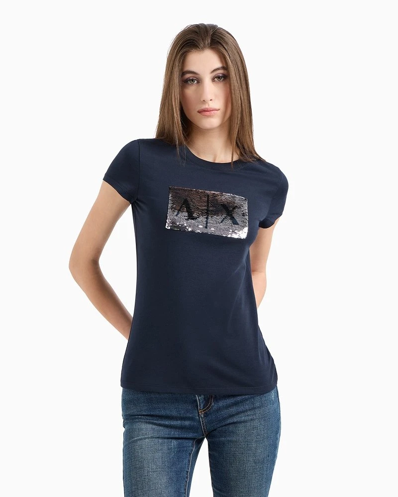 Armani Exchange Women's Blue Cotton Round Neck T-Shirt