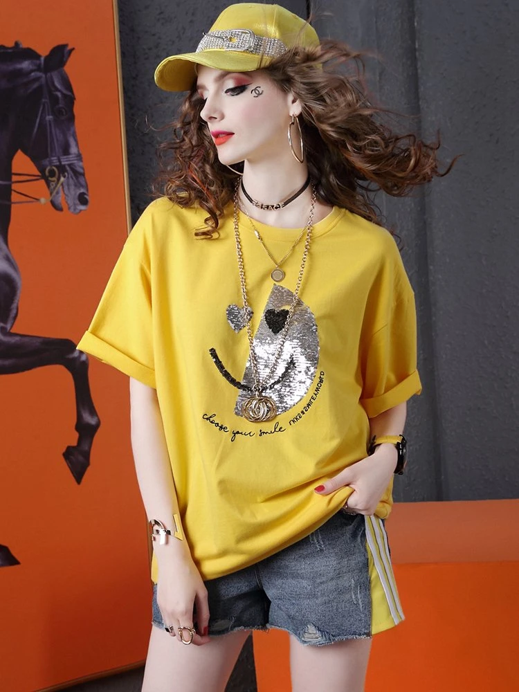 Summer Yellow Oversized Cotton T-Shirt with Sequin Smiley Face
