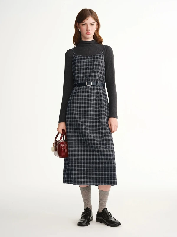 Plus Size Plaid Vest Layered Midi Dress 2-Piece Winter Set