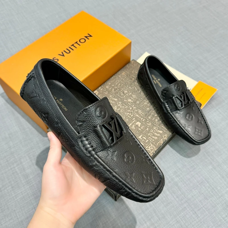 Monogram Embossed All-Black Louis Vuitton Men's Grained Leather LV Initial Buckle Loafers