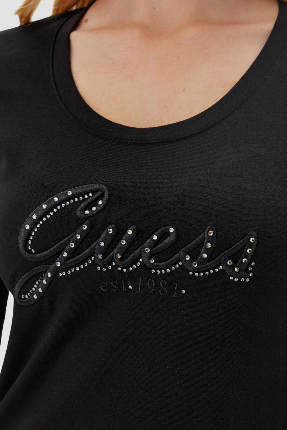 Guess Women's Black Rhinestone Print T-Shirt – Fall/Winter Edition