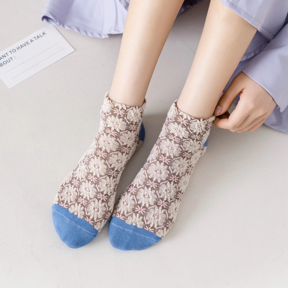 5 Pairs Women's Vintage Floral Socks – Cotton Harajuku Ankle Socks