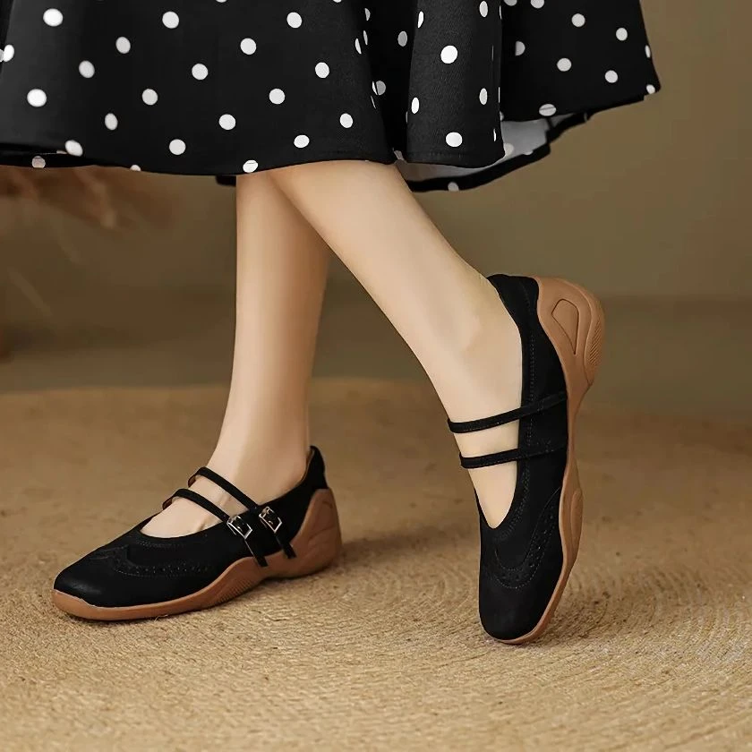 Leather Square Toe Mary Jane Pumps with Hidden Lift and Buckle Strap