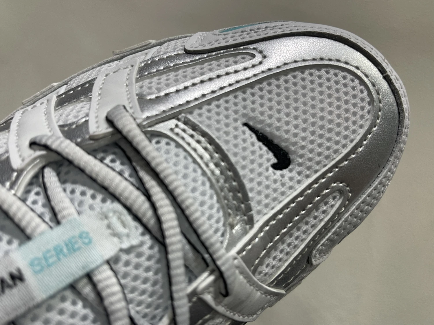 Nike Bomberman Series Sneakers – White, Silver & Aqua Blue