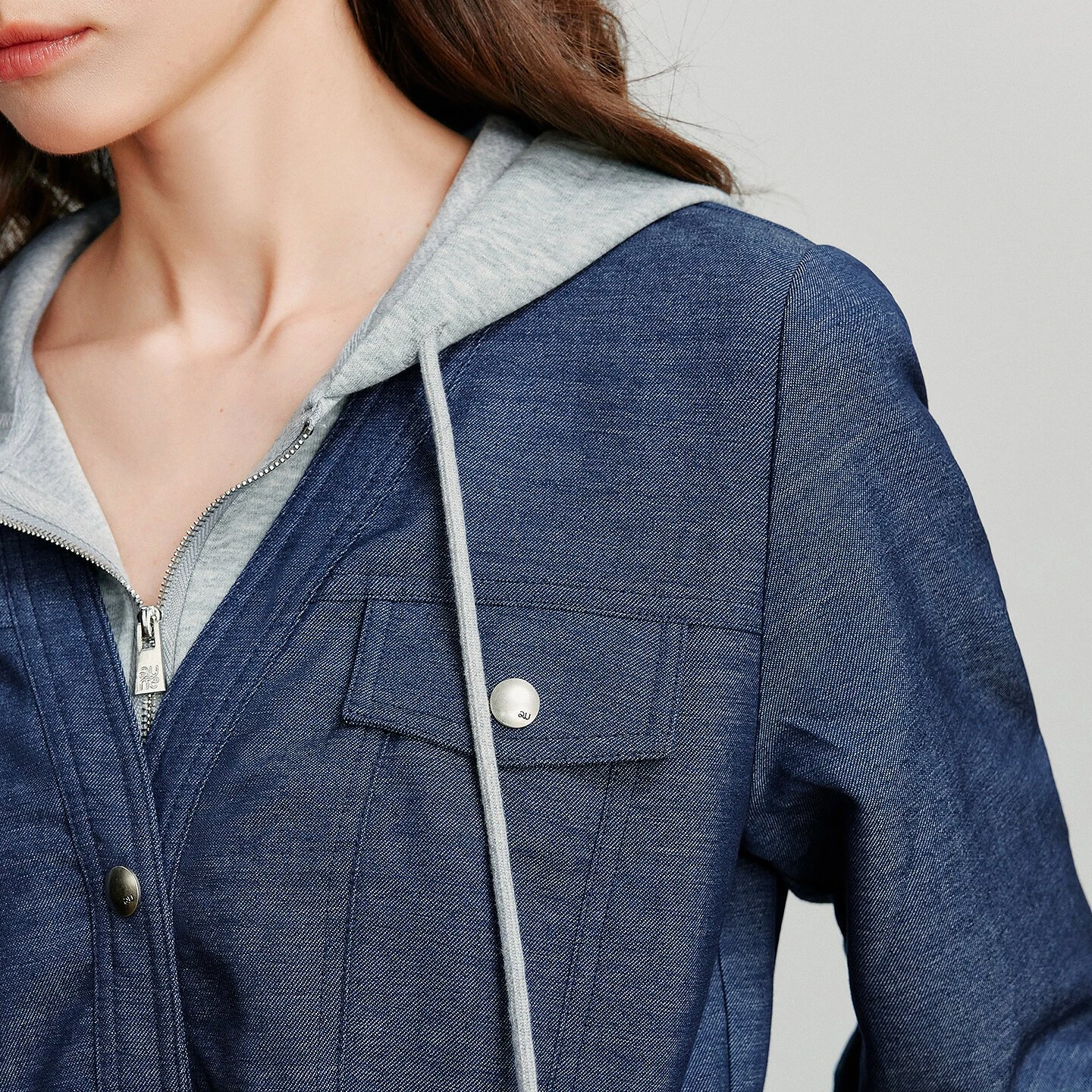 Women's Color Blocking Hooded Denim Workwear Mid-Length Dress