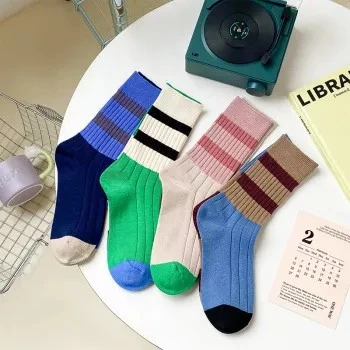 Cotton Knitted Women's Striped High Socks - Casual Korean Retro Streetwear