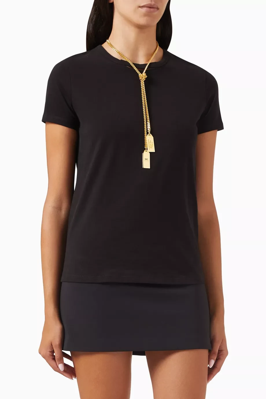 Elisabetta Franchi Black Cotton T-Shirt with Removable Metal Necklace