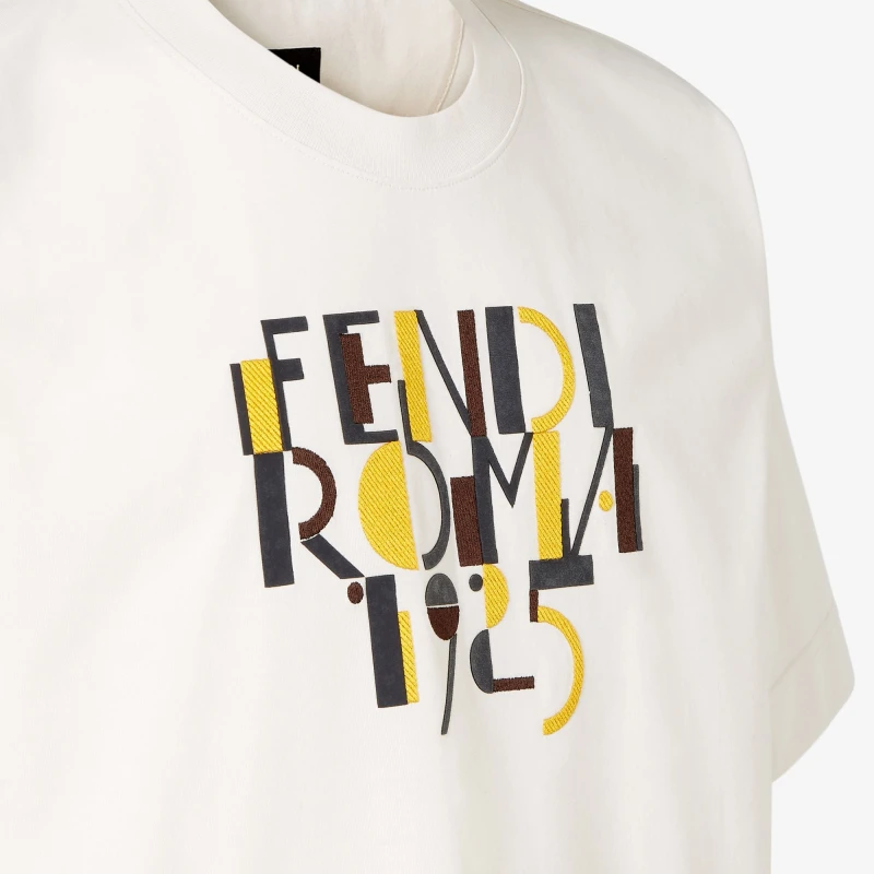 Fendi Roma 1925 White Cotton T-Shirt with Embroidered Details