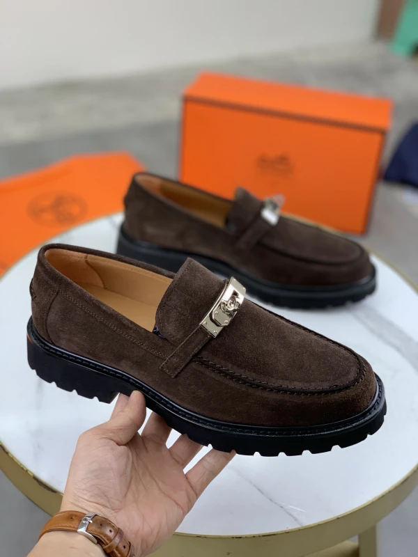 Dark Chocolate Brown Hermès Men's Suede Lug-Sole Silver Lock Buckle Loafers