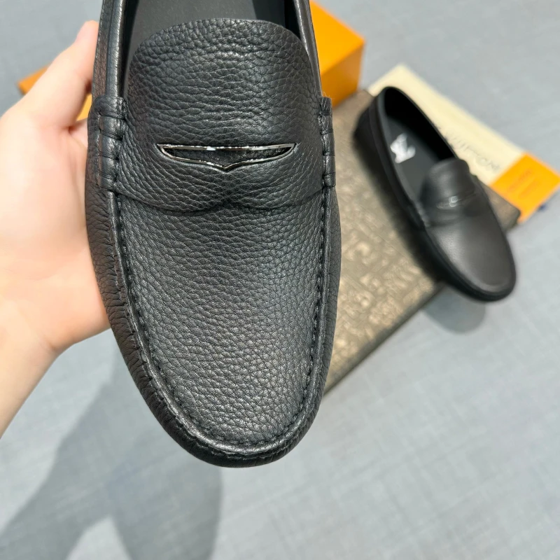 Textured Matte Black Louis Vuitton Men's Grained Leather Strap Loafers