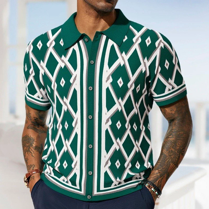 Men's Slim Fit Knitted Argyle Polo Shirt – Vintage Summer Business Style