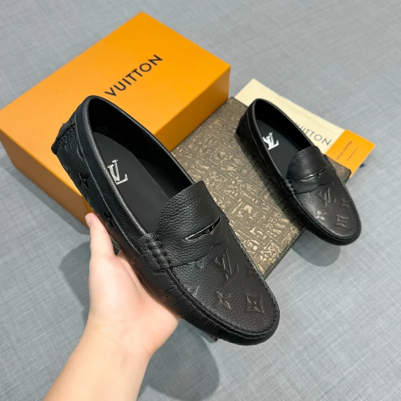 Monogram Embossed Black Louis Vuitton Men's Grained Leather Strap Loafers