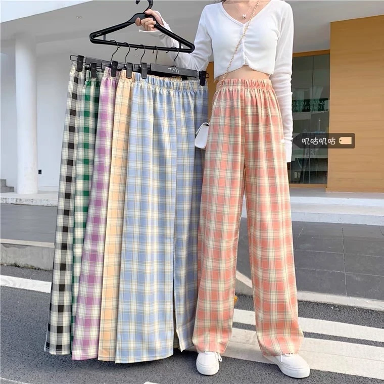 Women's Plaid Pants - High Waisted Wide Leg Trousers for a Chic Look