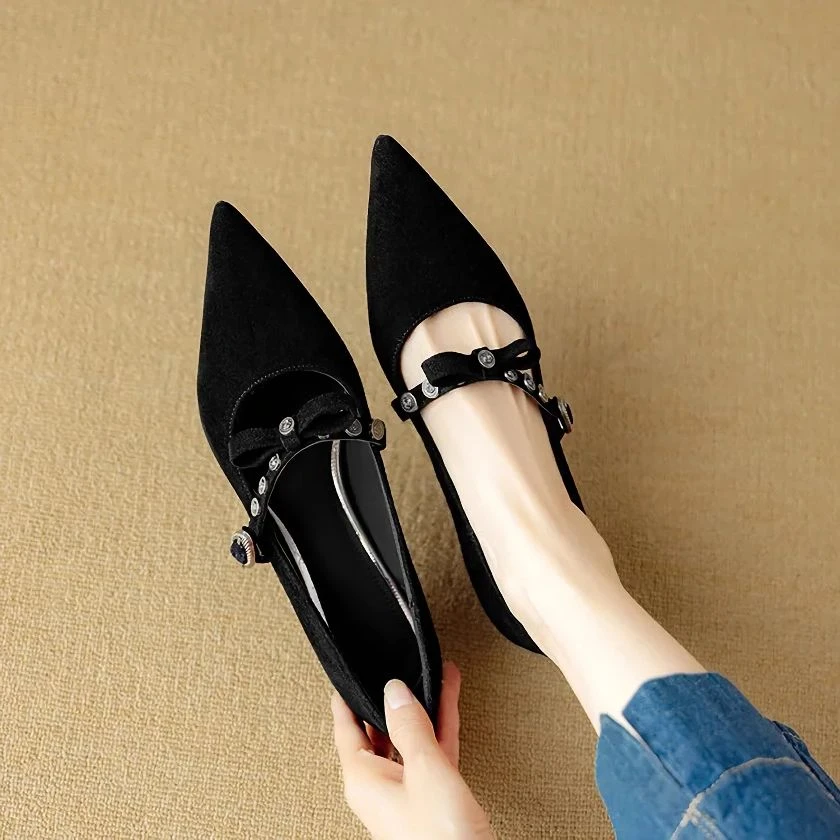 Elegant Suede Mary Jane Pumps with Pointed Toe & Low Heel