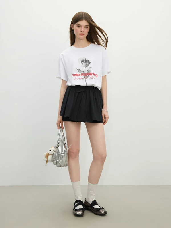 Women's Rose Print Tencel Cooling Loose-Fit Short Sleeve Summer Tee