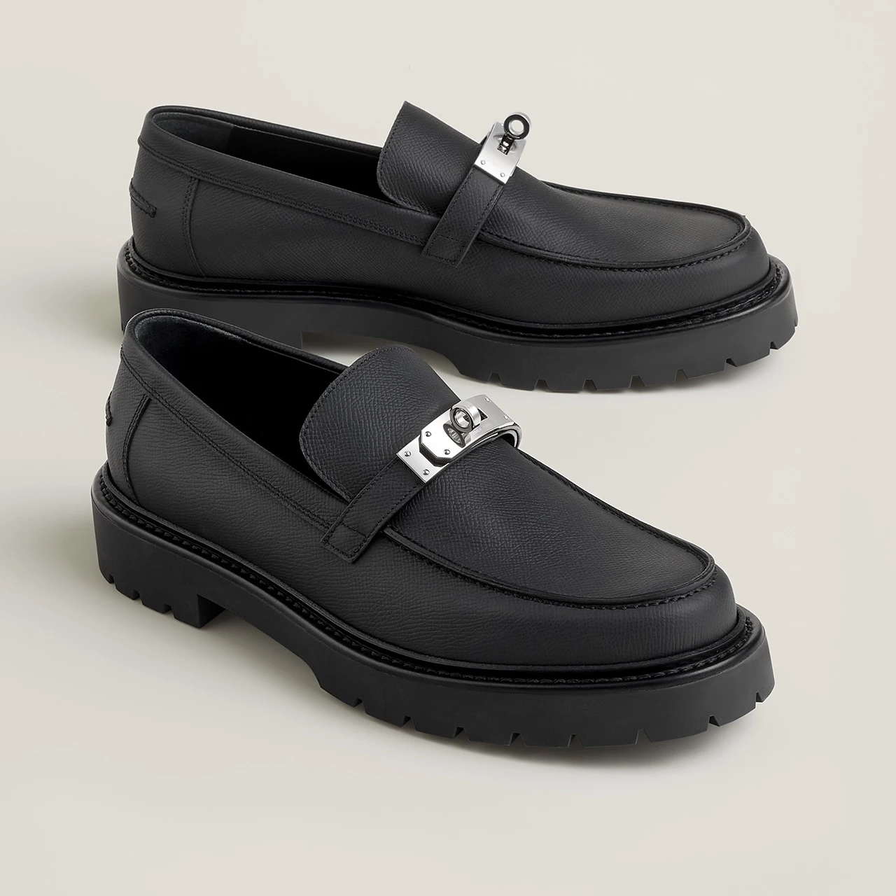 Jet Black Hermès Men's Crosshatch Textured Leather Lug-Sole Silver Lock Buckle Loafers