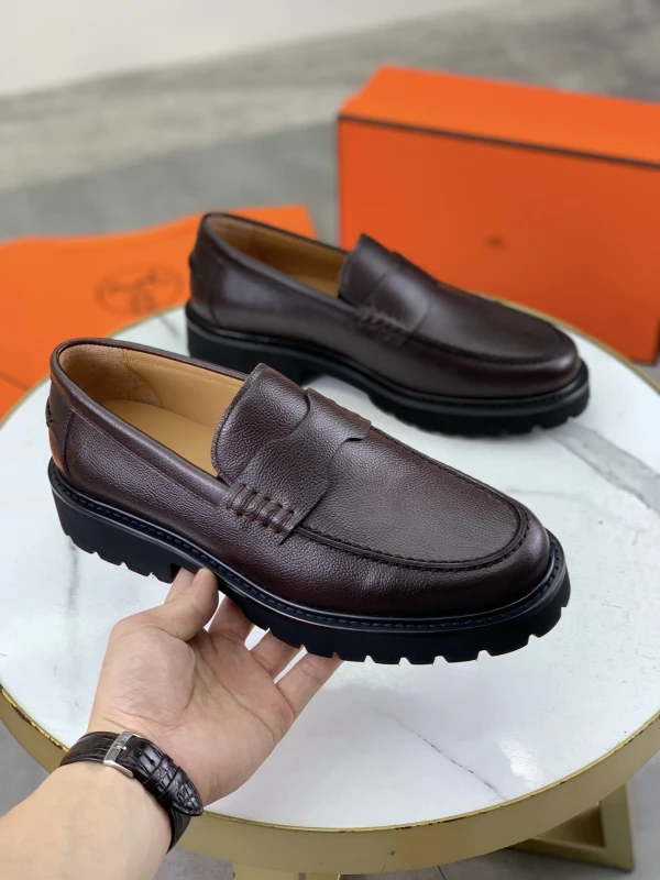 Deep Brown Hermès Men's Grained Leather Lug-Sole Penny Loafers