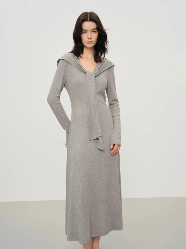 French-Style Winter Knit V-Neck Shawl Dress for Women