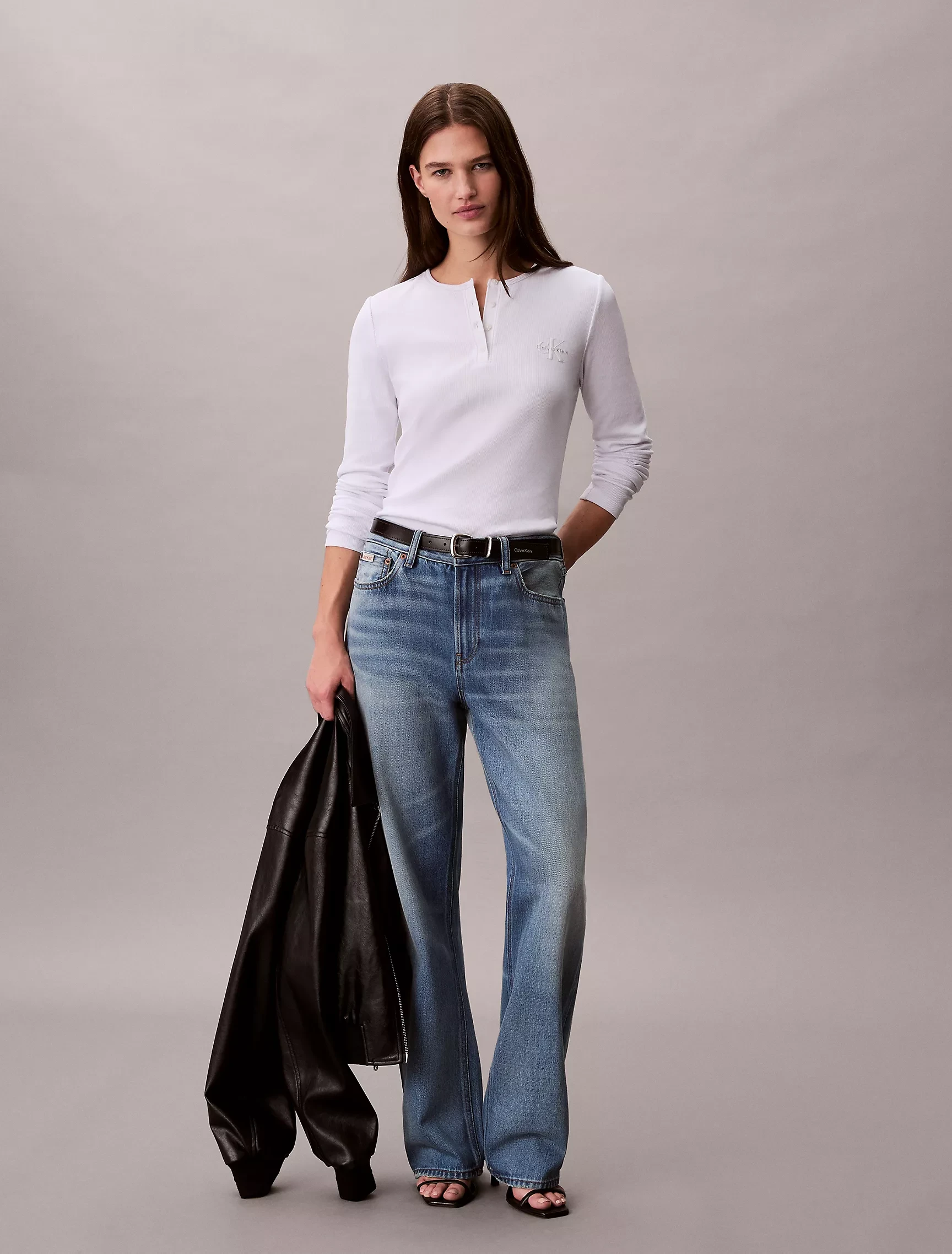 Calvin Klein Jeans Women’s White Ribbed Henley Long Sleeve T-Shirt
