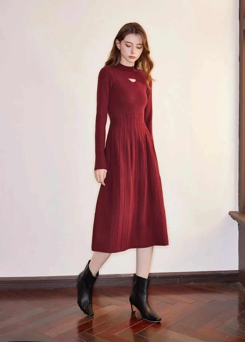 Winter Turtleneck Hollow Knit Midi Dress for Women