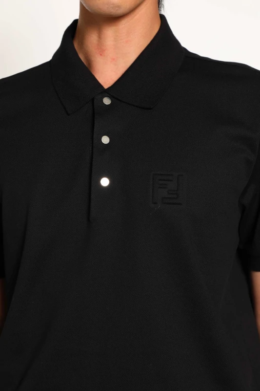 Fendi Embossed-Logo Stretch Cotton Piqué Polo Shirt - Black
