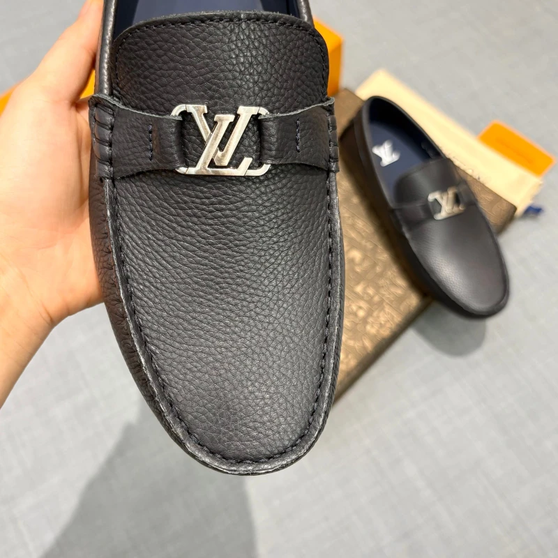 Textured Navy Blue Louis Vuitton Men's Grained Leather LV Initial Buckle Loafers