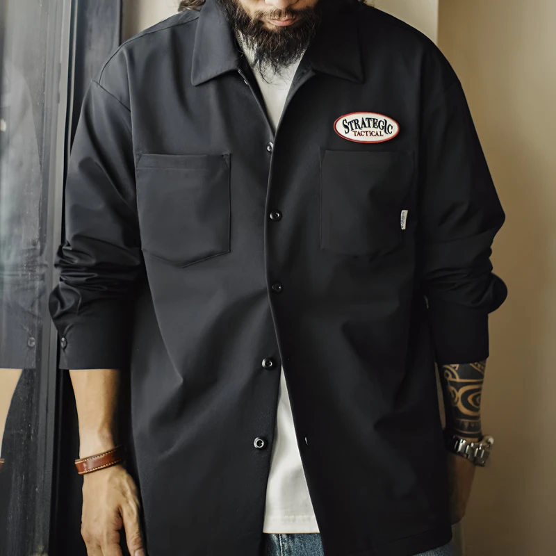 Vintage Black Utility Overshirt – Lightweight Woven Long Sleeve with Pockets