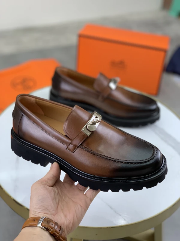 Cognac Tan and Dark Brown Burnished Hermès Men's Smooth Leather Lug-Sole Silver Lock Buckle Loafers