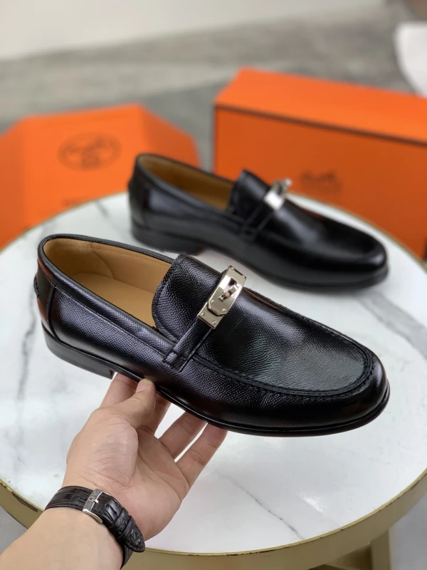 Jet Black Hermès Men's Crosshatch Textured Leather Silver Lock Buckle Loafers