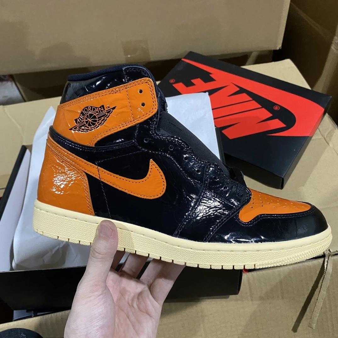 Air Jordan 1 High Patent Leather Sneakers – Black/Orange (Shattered Backboard Inspired)