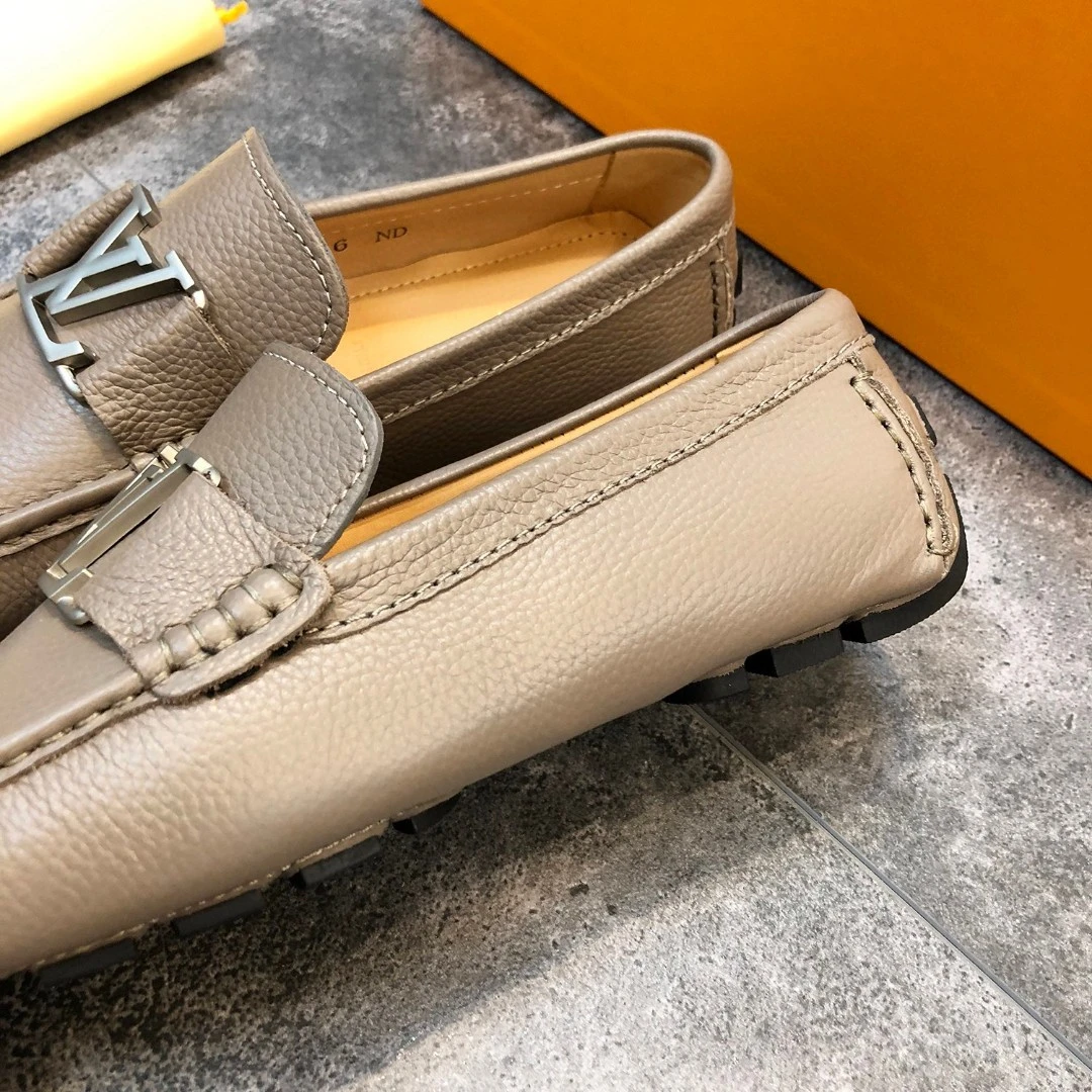 Textured Taupe Grey Louis Vuitton Men's Grained Leather LV Initial Buckle Loafers