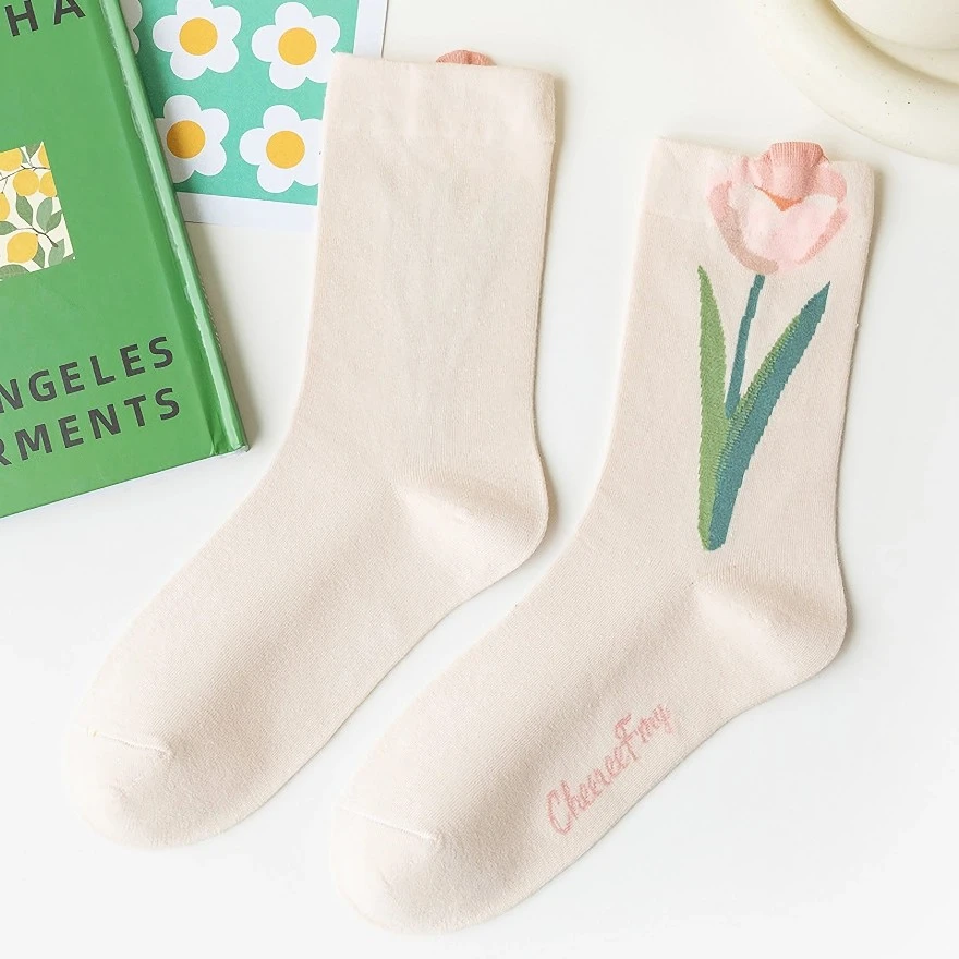 Vintage Floral Cottagecore Mid-Calf Socks for Women – 4 Pair Set
