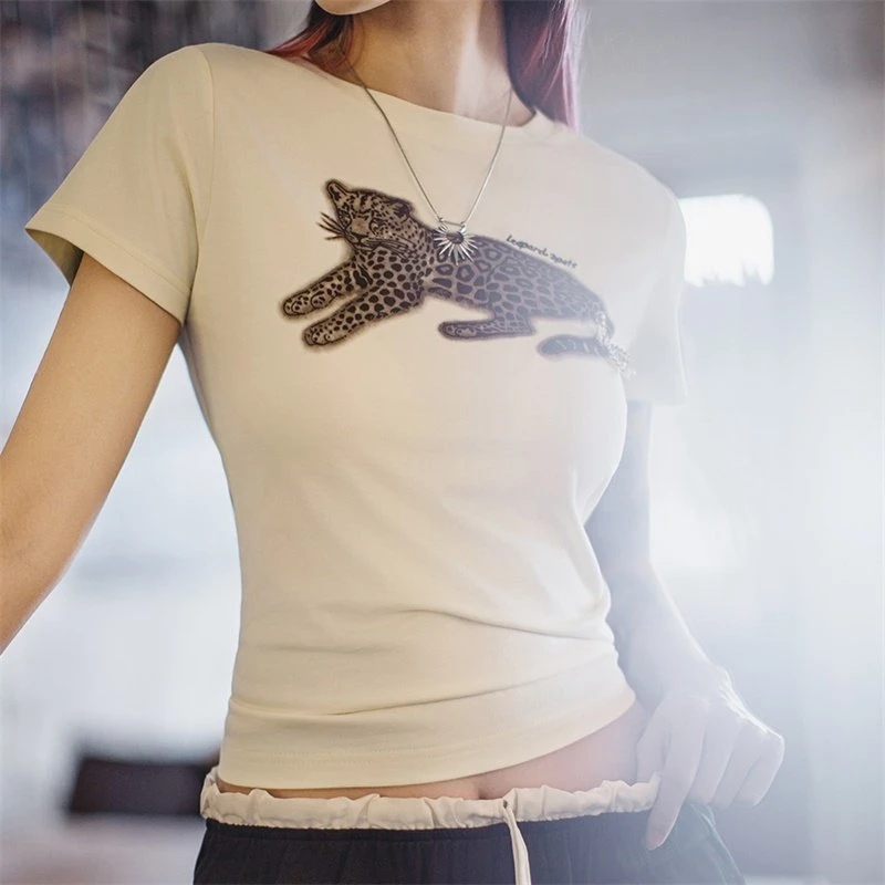 Women's Slim Fit Animal Print Summer T-Shirt – Beige Casual Streetwear Tee