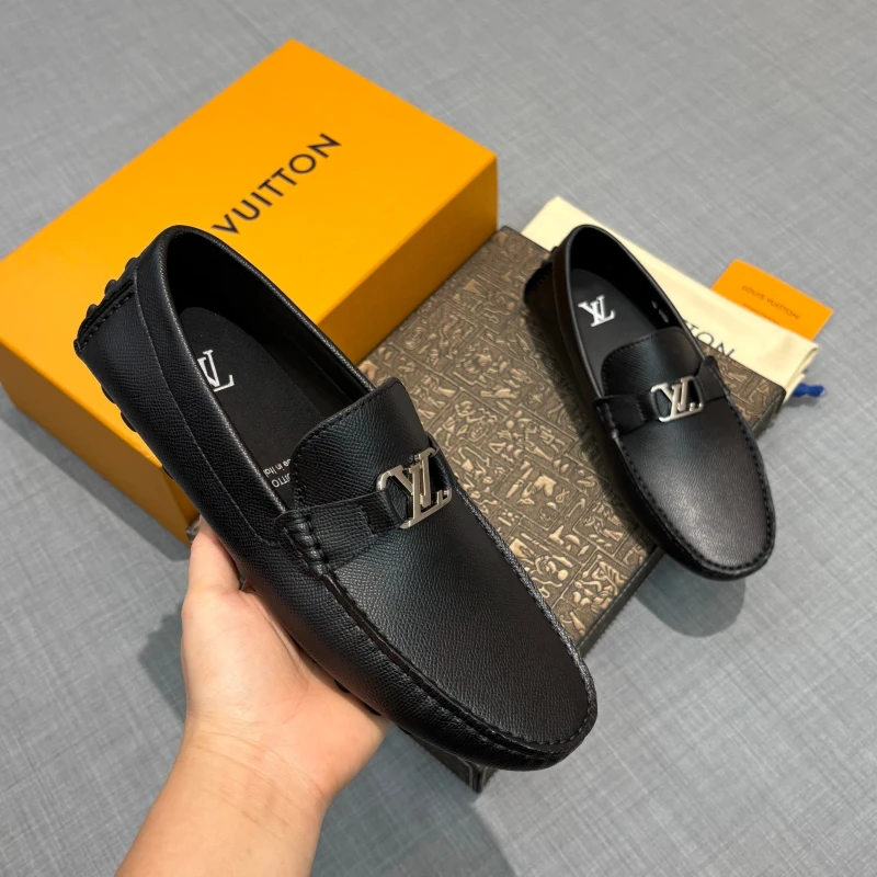 Cross-Hatch Textured Matte Black Louis Vuitton Men's Taiga Leather LV Initial Buckle Loafers