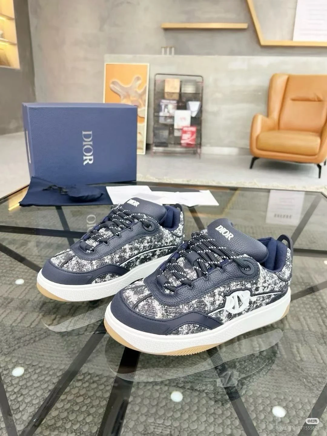 Navy Blue, Grey, White, and Gum Christian Dior Men's B27 Oblique Jacquard Low-Top Sneakers