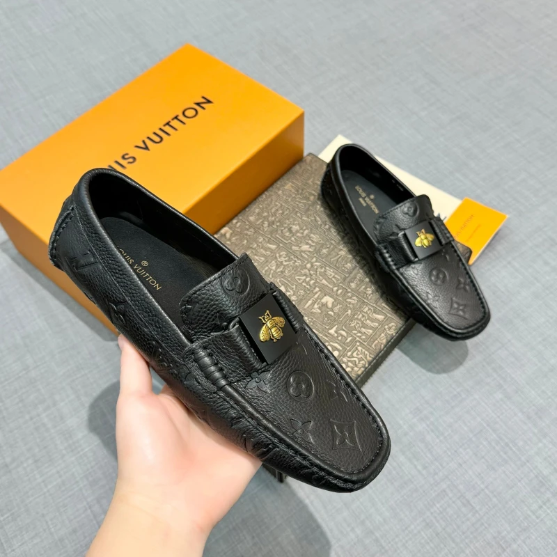 Monogram Embossed Black Louis Vuitton Men's Grained Leather Gold Bee Buckle Loafers
