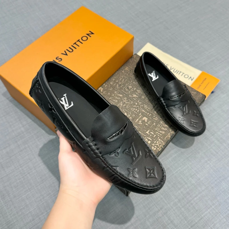 Monogram Embossed Matte Black Louis Vuitton Men's Leather Strap Loafers