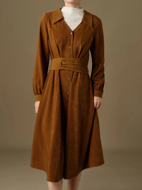 Winter Velvet Fit & Flare Long Dress with Cross-Belt Design