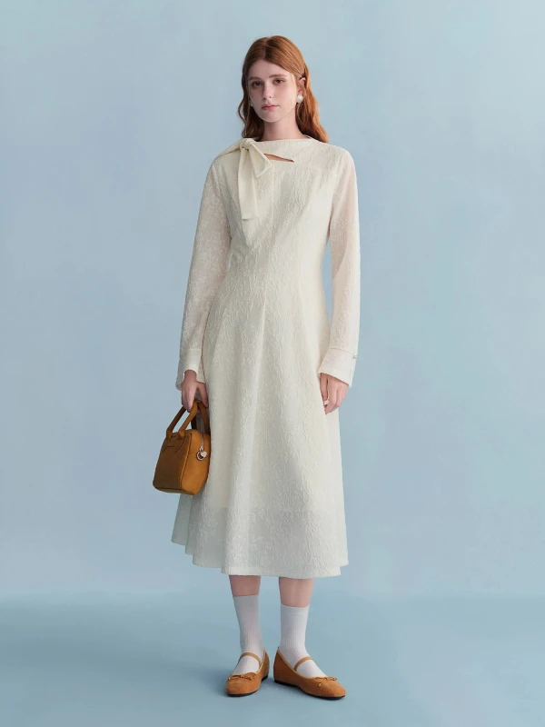 Elegant Beige Mid-Calf A-Line Dress with Long Sleeves for Women