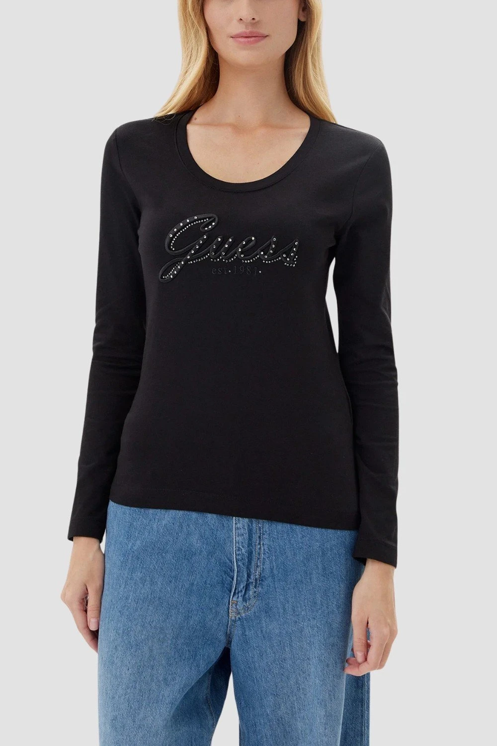 Guess Women’s Black Rhinestone Long Sleeve T-shirt - Fall/Winter Collection
