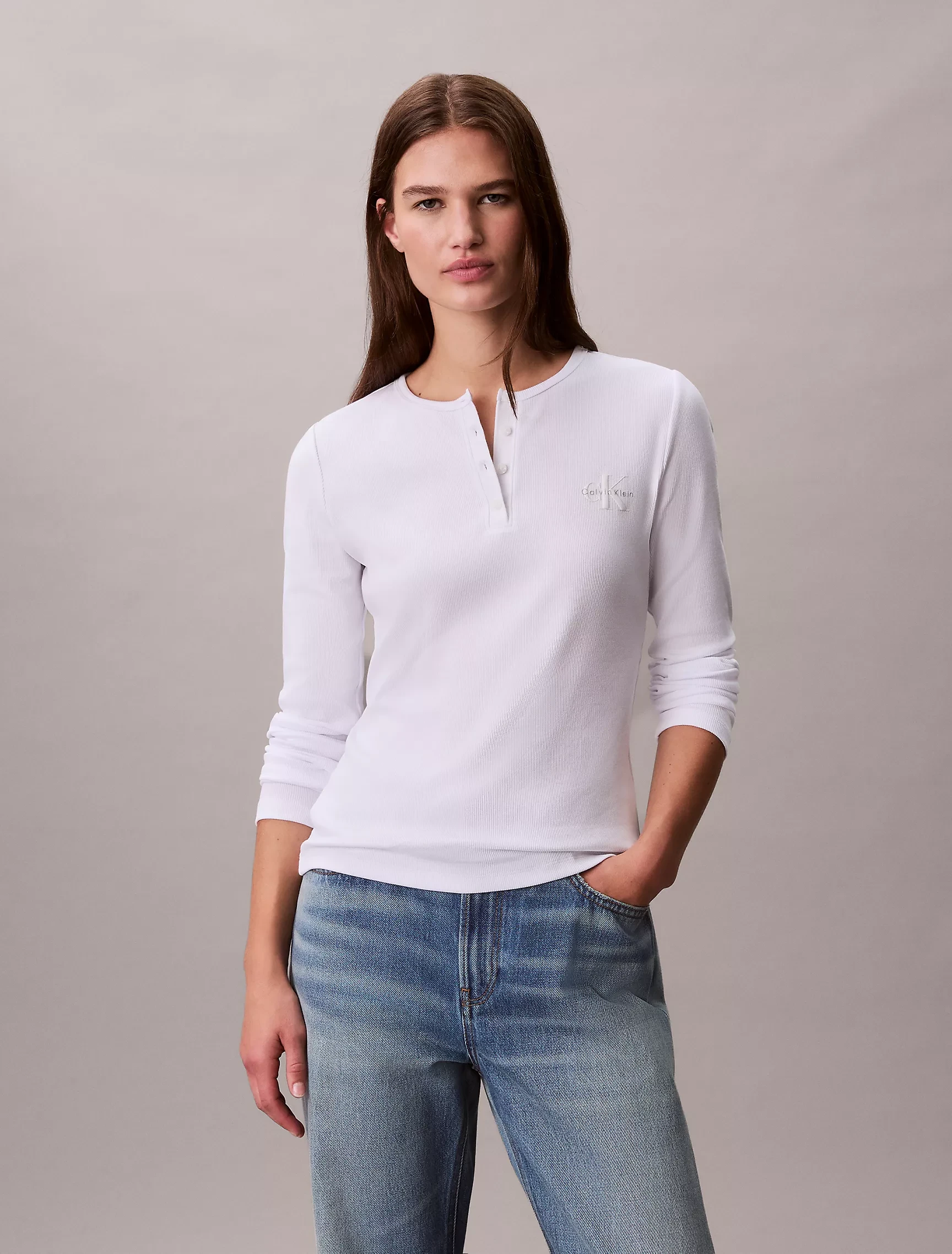 Calvin Klein Jeans Women’s White Ribbed Henley Long Sleeve T-Shirt