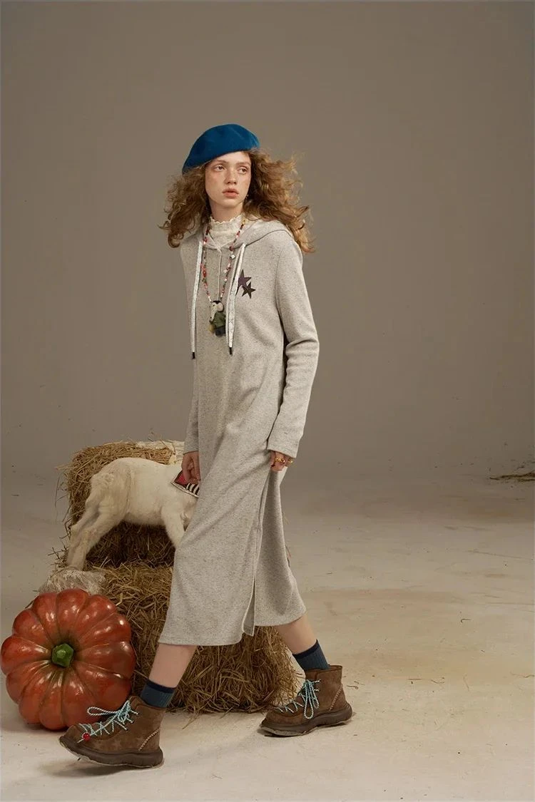 Star Patchwork Striped Mid-Calf Sweatshirt Dress for Women