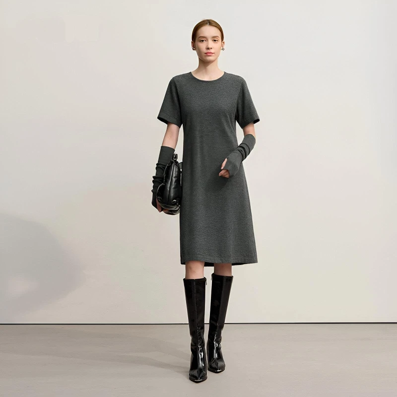 Minimalist Knit A-Line Winter Dress with Short Sleeves