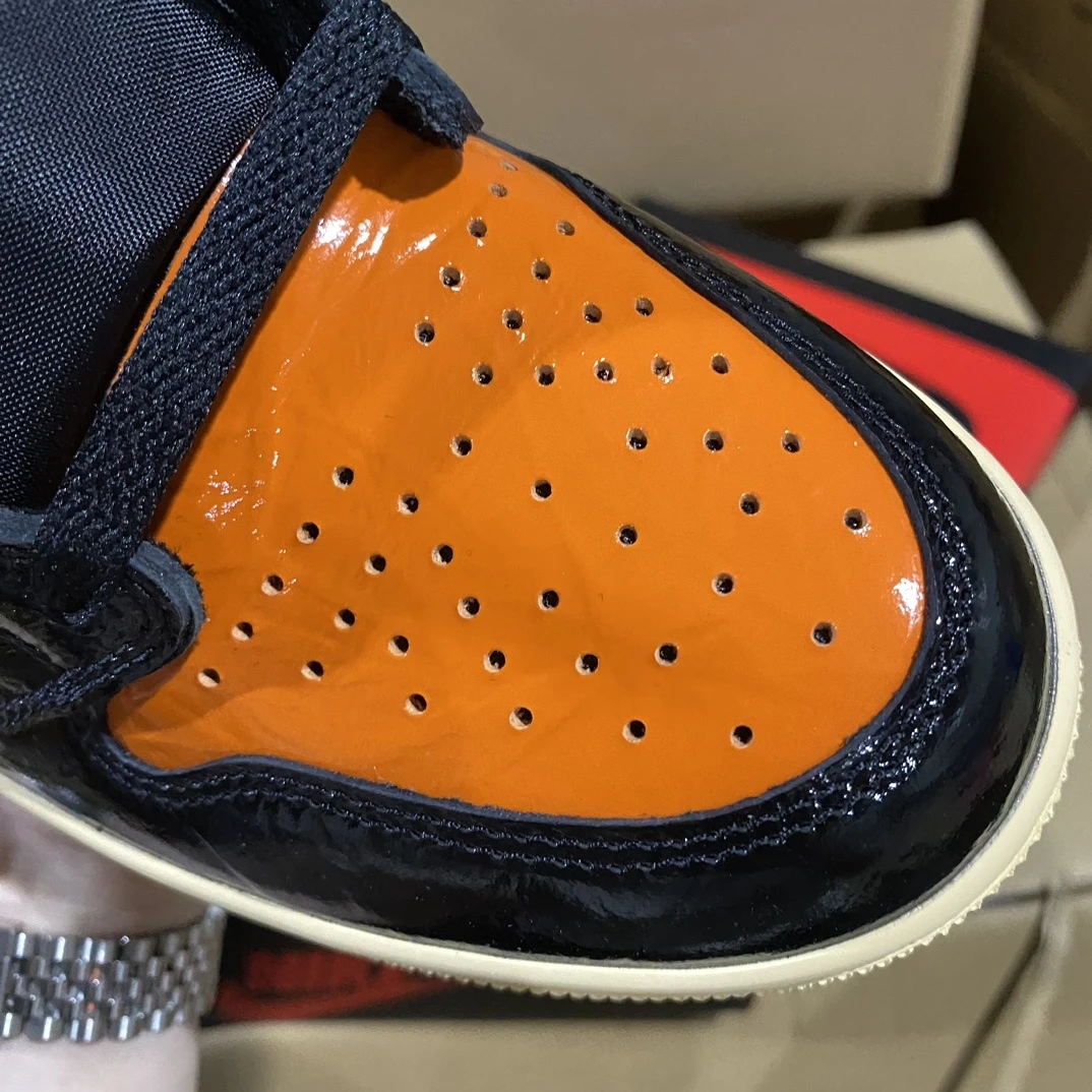 Air Jordan 1 High Patent Leather Sneakers – Black/Orange (Shattered Backboard Inspired)