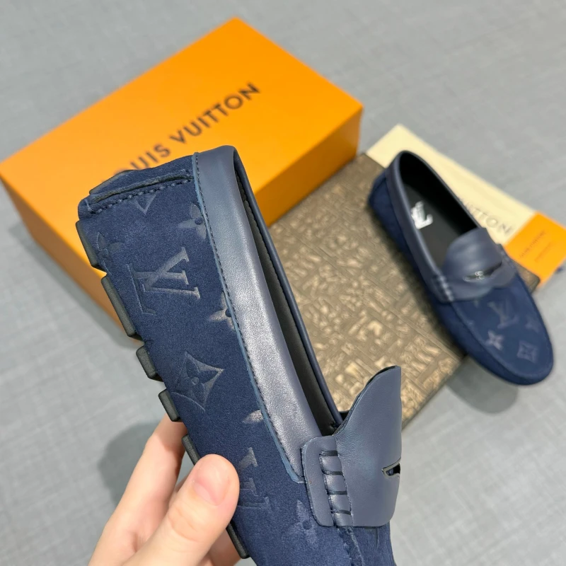 Monogram Debossed Navy Blue Louis Vuitton Men's Suede Leather Strap Loafers