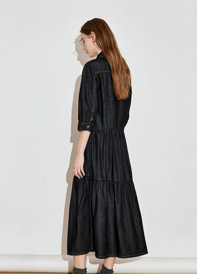 Women's Black Denim Patchwork A-Line Midi Dress with Three Quarter Sleeves