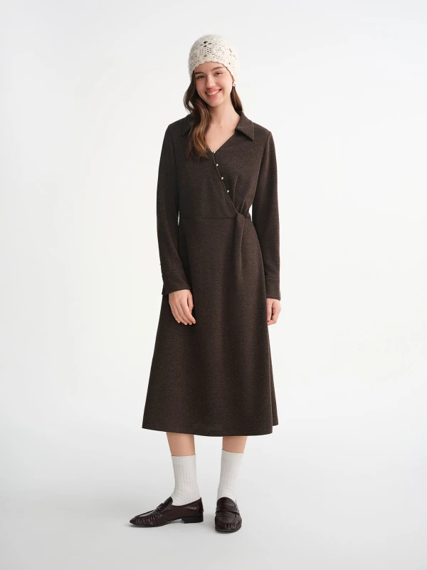 Winter V-Neck Knit Slant Placket A-Line Dress for Women