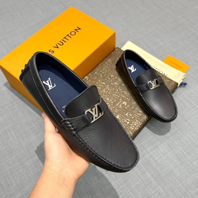 Textured Navy Blue Louis Vuitton Men's Grained Leather LV Initial Buckle Loafers