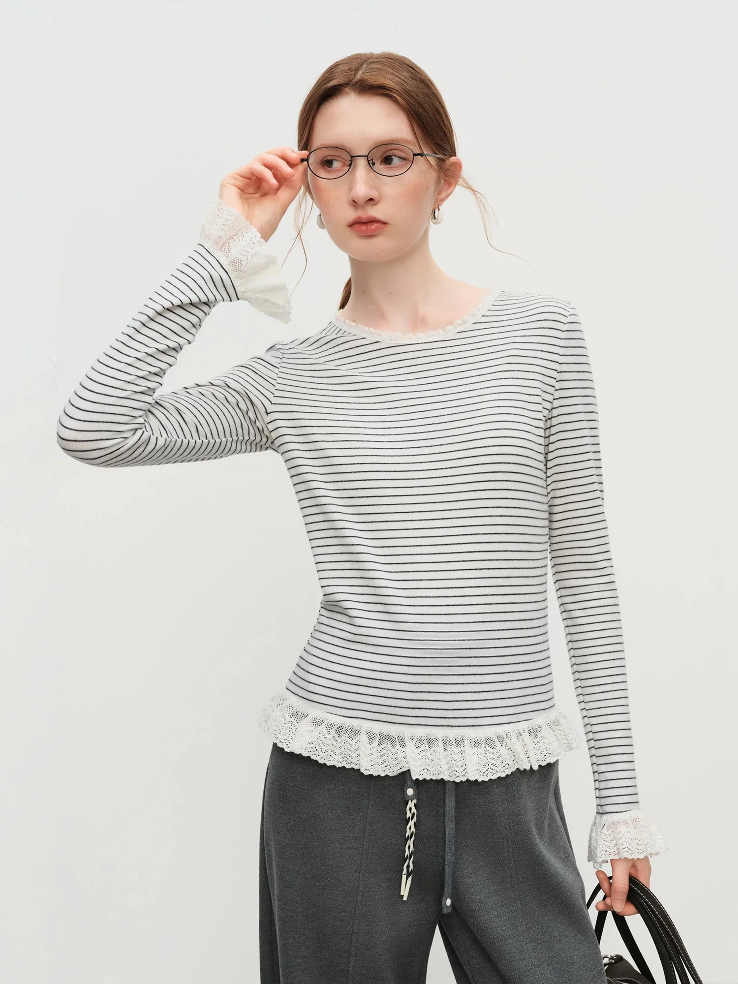 Women's Striped Knit T-Shirt with Lace Trim Long Sleeve Soft Stretch Layer Top